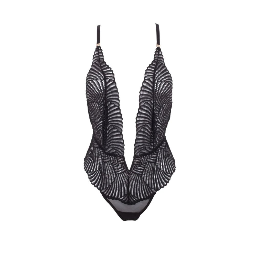 NWT!! Bluebella Iris Plunge Soft Delicate Lace Bodysuit, US 6 (S), Black